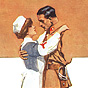 A White female nurse in blue and white in the arms of a White male soldier in khaki.