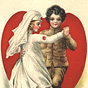 A White female nurse in white dancing with a White male soldier in khaki, in front of a heart.