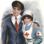 A White female nurse with her arm around a White male soldier with a crutch under his right arm.