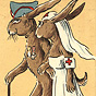 Two brown anthropomorphic rabbits walking arm in arm, one dressed as a soldier the other as a nurse.