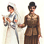 A White man (Charlie Chaplin) tugging on a White female nurse's headdress as he stands behind her.