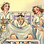 A White male sweating in bed; three White female nurses stand around the bed looking at him.