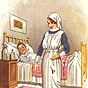 A White male patient in bed smiles at standing White female nurse in blue and white.