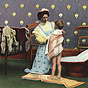 A White female nurse in a child's room, drying off a White boy after his bath.