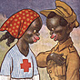 An African boy dressed as a soldier and an African girl dressed as a nurse looking at each other.