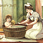 A White female nurse on her knees, giving a White baby a bath in a wooden tub next to a fireplace.
