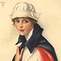 White female nurse dressed in white with blue cape, seated and looking at viewer.