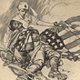A White female nurse in white cradles a wounded White male soldier and holds an American flag.
