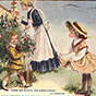 A White female nurse tends to a rose bush as two White children play in the foreground.