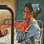 A White female nurse in white kneeling and praying at the bedside of a White male patient.