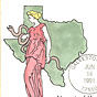 A White female in red Classical tunic dress holding a nurse in front of outline of state of Texas