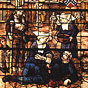 Church stained glass window showing White female nurses tending to White male soldiers.