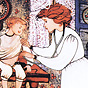 A White female nurse in white tends to a White boy with cat sitting on a table.