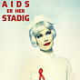 A White female nurse in white with a red AIDS ribbon and exaggerated red lipstick.