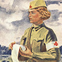 A White female nurse in green military uniform holds bandages and looks off to the left.