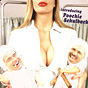 A White woman in white with cleavage showing holding two grinning White babies with men's faces.