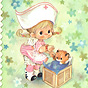 A White girl in pink nursing uniform checks her watch while standing over a kitten in a crib.