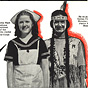 Two White girls standing, one dressed as nurse, the other as Native American.