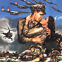 A White man holds a White woman in his arms and leans in for a kiss, amidst war and hospital scenes.