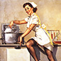 White female nurse in short white dress sterilizing medical tools, image in pin-up girl style.