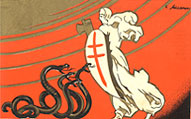 A woman in white carrying a shield and axe (fasces), in front of four hissing black snakes.