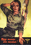 White woman in military uniform looking at the viewer. Behind her are a gun and IV drip bag.