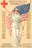 A White female nurse wearing white Classical clothing holds the American flag and Red Cross symbol.