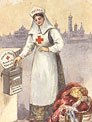 A White female nurse putting a coin into a box. Jewels and clothing sit in a basket by her feet.