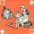A White female nurse bandaging a boy cherub cupid, black demon in background with cannon.