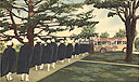 A line of White female nurses wearing blue capes, walking away from viewer, towards a bus.