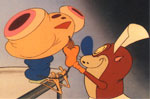 A brown fat cat (Stimpy) squeezes a skinny dog (Ren) while taking his blood pressure.