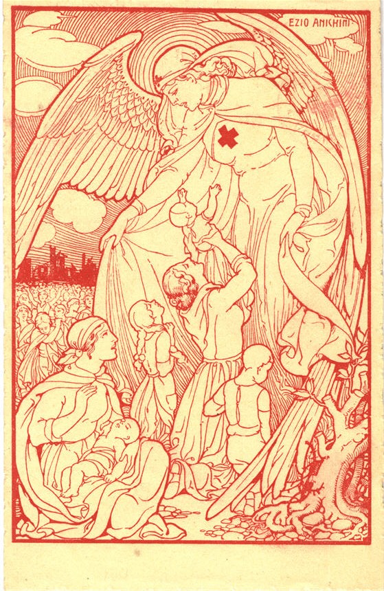 A large winged woman angel with Red Cross symbol on her chest. Women bring their children to her. 
