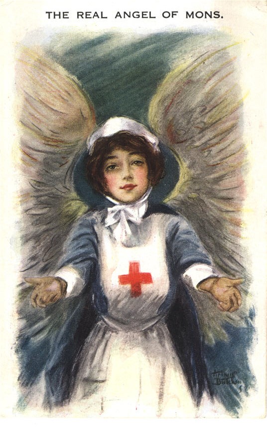 A White female Red Cross nurse with wings gazing at the viewer with arms open. 