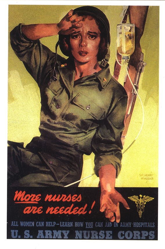 White woman in military uniform looking at the viewer. Behind her are a gun and IV drip bag.