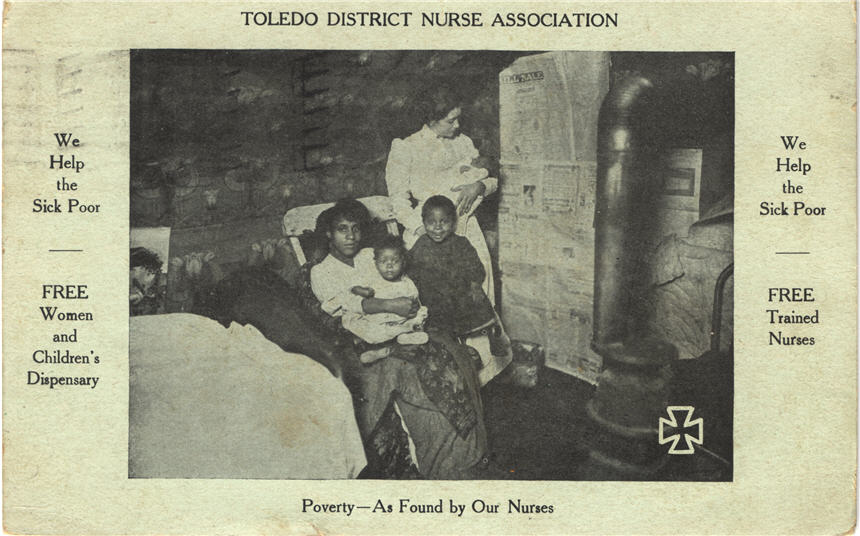 White female nurse holding an African American infant in a home, by African American family.