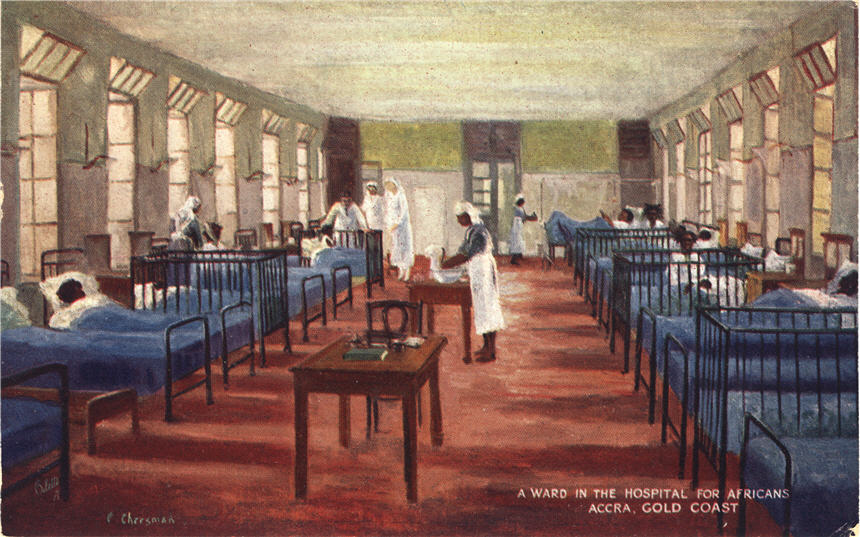 Scene of an African hospital ward, there is a White female nurse, five African female nurses.