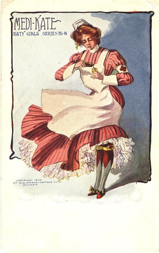 White female nurse in red and white uniform, with skirt blowing forward in the wind.