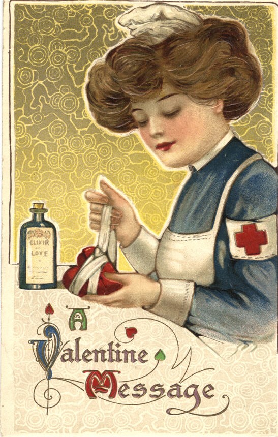 White female nurse bandaging a heart. 