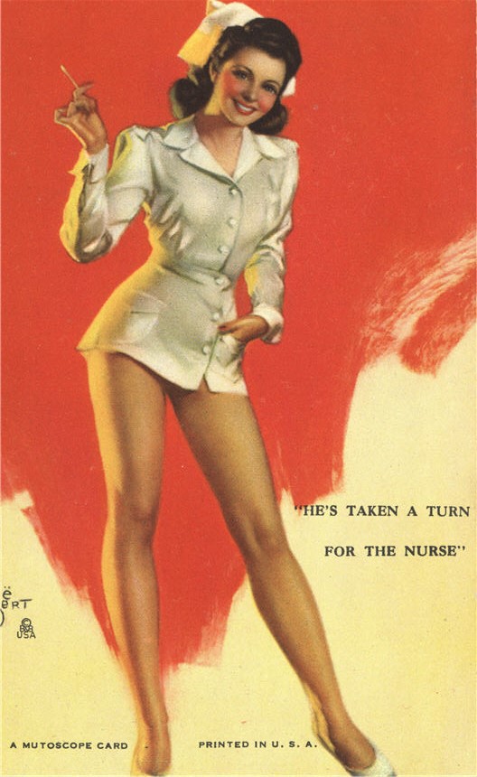 White female nurse smiling and looking at viewer in short white dress, image in pin-up girl style.