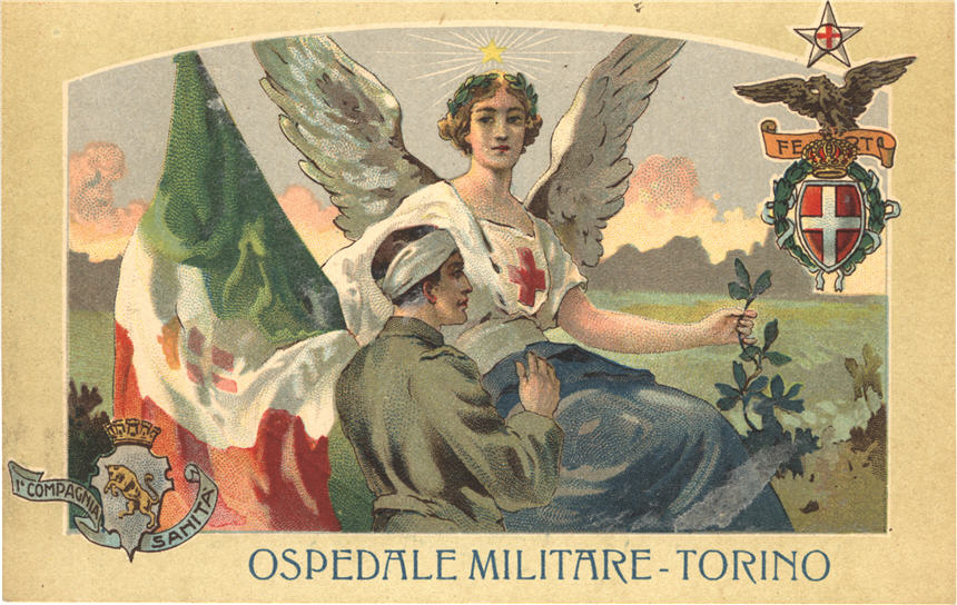 Winged White female with Red Cross symbol on her chest tending to a bandaged praying soldier.