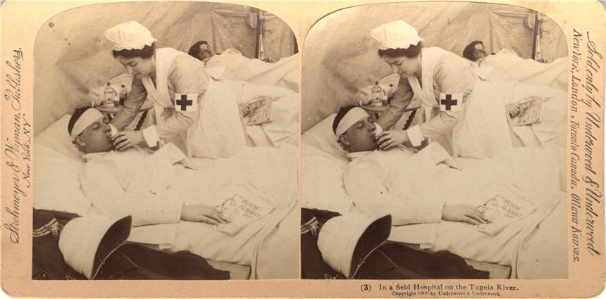Side by side images of a White female nurse giving medicine to a wounded White male soldier in bed.