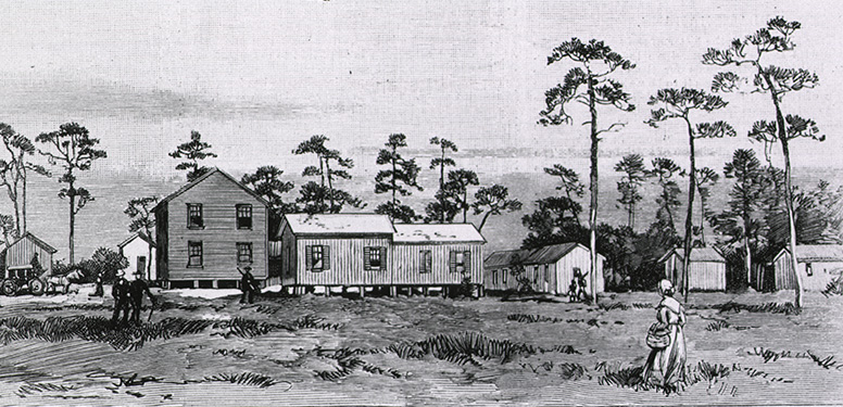 A scene of a man, woman, and buildings in the tropics
