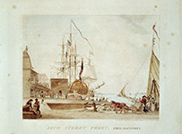 A scene of sailboats and people at a wharf