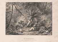An 18th century battle scene between black revolters and white soldiers in the tropics