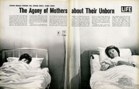 A magazine spread showing two white women in hospital beds with text above