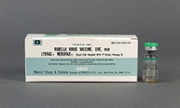 A photograph of a vial of clear liquid and a box of vaccine