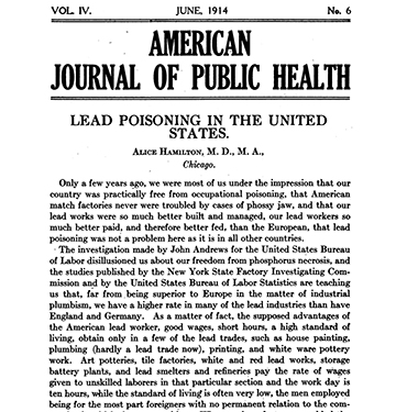 Title page of an article by Dr. Alice Hamilton.