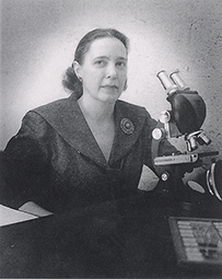 Dr. Edith E. Sproul, a White female in a collared blouse posing with a microscope for her portrait.