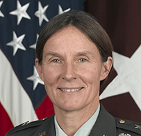 Dr. Rhonda L. Cornum, a White female officer posing in decorated uniform in front of the American flag.