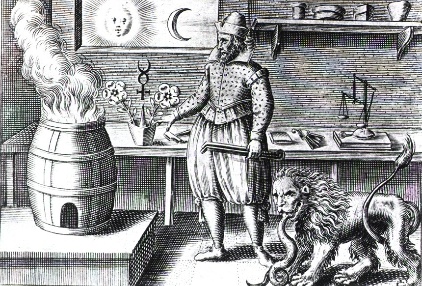 Illustration of an alchemy workshop.